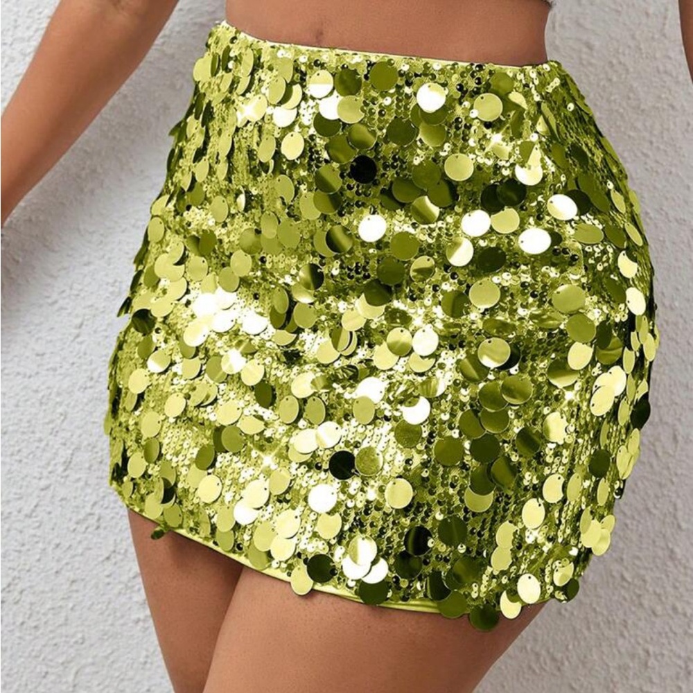 SHEIN Lime Green BamGleam Sequin Bodycon Skirt Holiday Party Mini Skirt NWOT